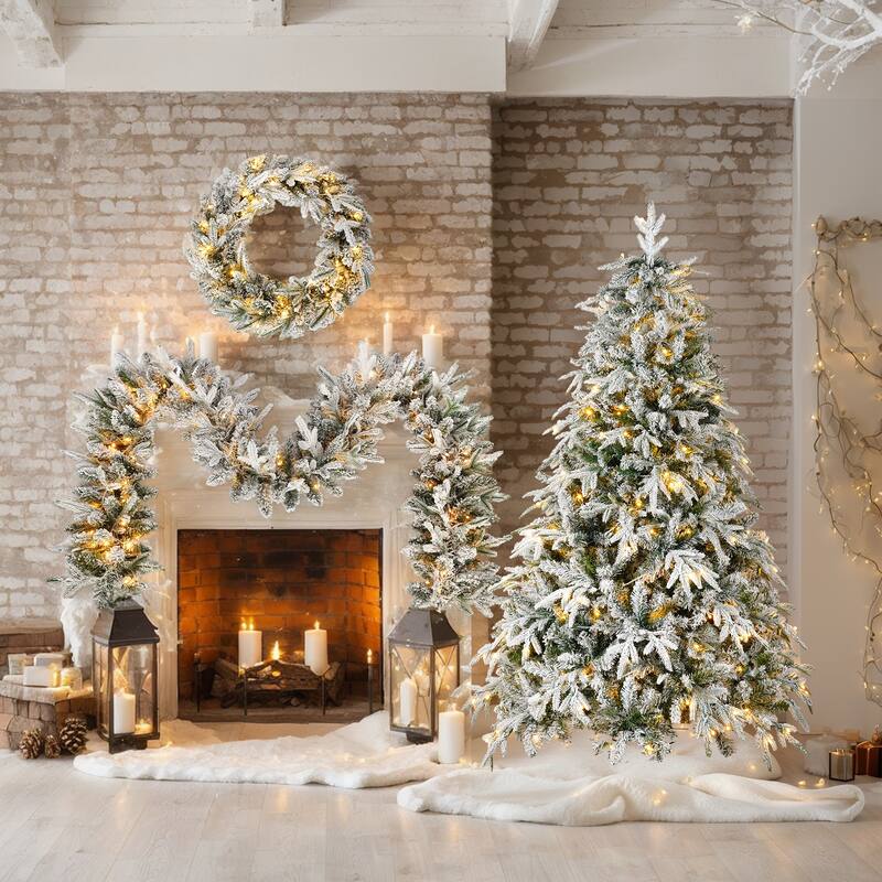 Roomfitters 3 Piece Snow Flocked Christmas Set with Garland, Wreath and 6FT Tree, Holiday Decoration, Green+White