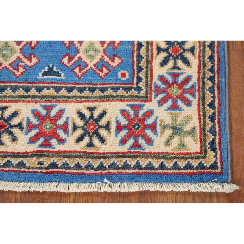 Blue Geometric Kazak Rug Hand-Knotted Oriental Wool Carpet - 2'0" x 2'11"