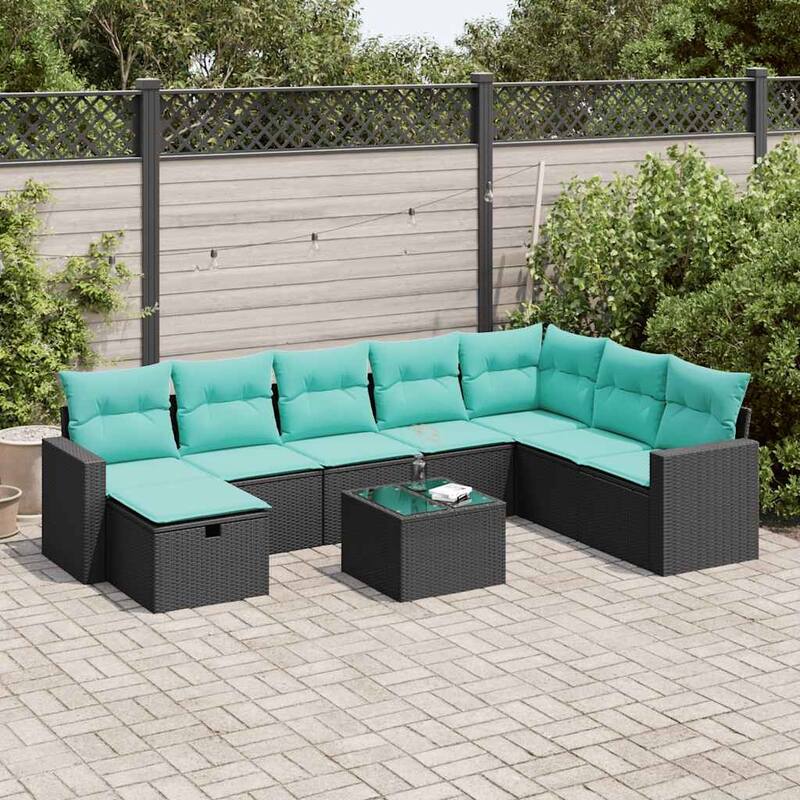 vidaXL 8 Piece Patio Sofa Set with Cushions Black Poly Rattan - 21.7 x 24.4 x 27.2 - Full Black-with storage - 8 parts