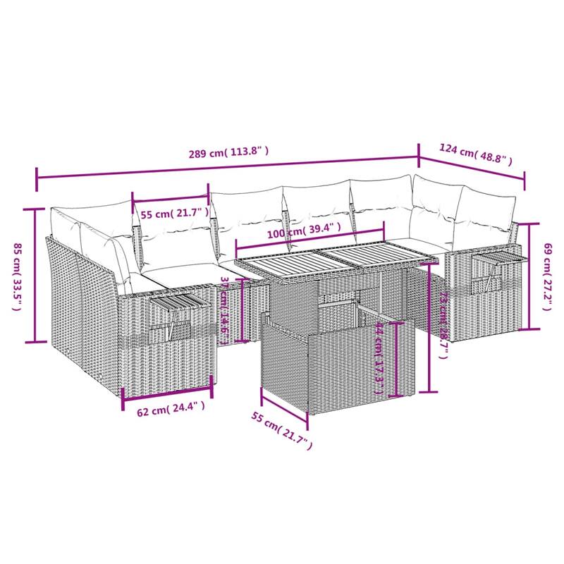 vidaXL Patio Sofa Set with Cushions Modular Sofas and Table 8 Piece Poly Rattan - 21.7 x 39.4 x 28.7