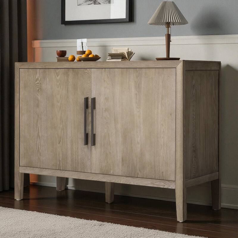 47.2" Farmhouse Wooden Sideboard with Ash Veneer, Double Doors & Iron Handles, Retro Buffet Storage Cabinet