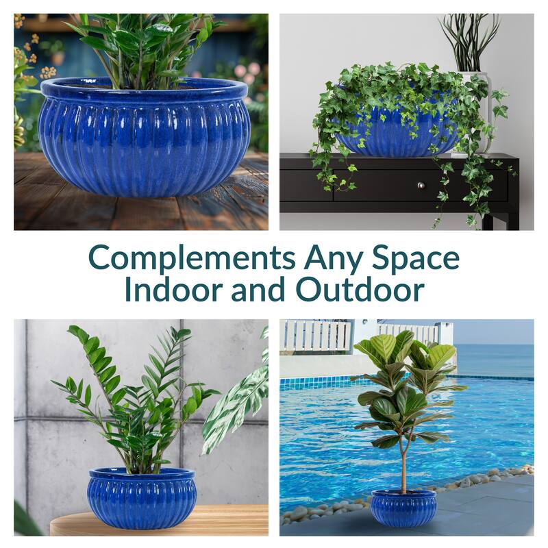 Sunnydaze Ribbed Glazed Ceramic Planter Bowl - Imperial Blue