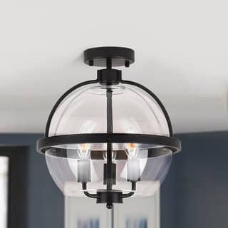 3-Light Industrial - Style Black - Framed Clear Glass Globe Flush Mount Ceiling Light - Matte Black