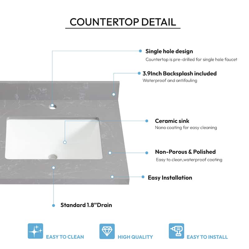 Malaga Composite Stone Vanity Top with White Rectangular Sink