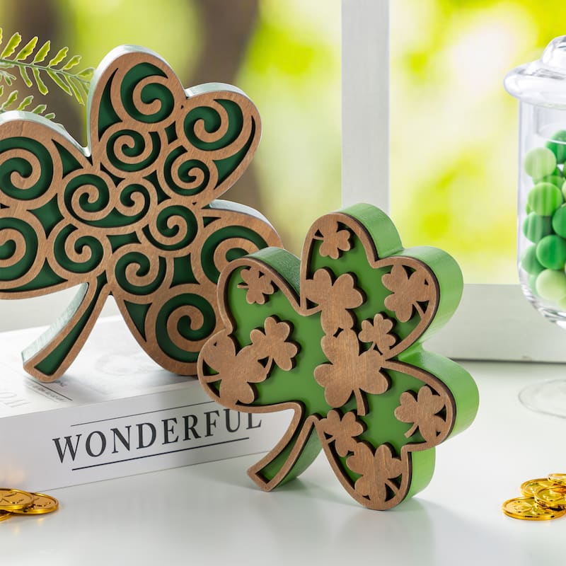 Glitzhome Set of 2 St. Patrick's Wooden Shamrock Table Decor