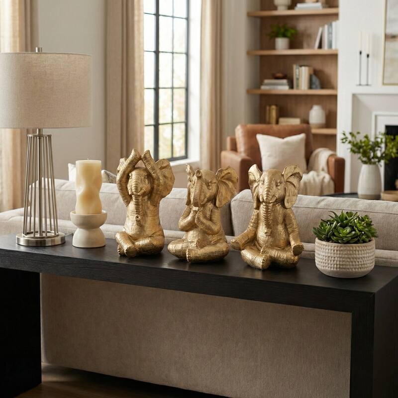 Decorative Resin Elephant Figurines with Yoga Poses - Set of 3, 8" - Gold/ Metallic - 9.0"