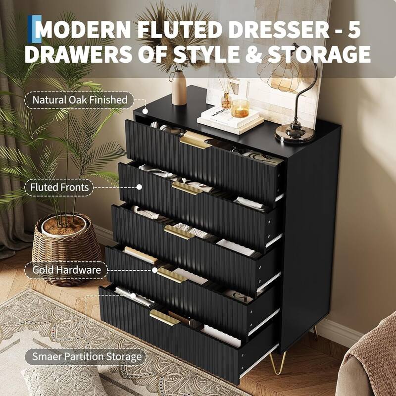 5 Drawer Fluted Dresser Storage Organizer for Bedroom, Living Room, Hallway