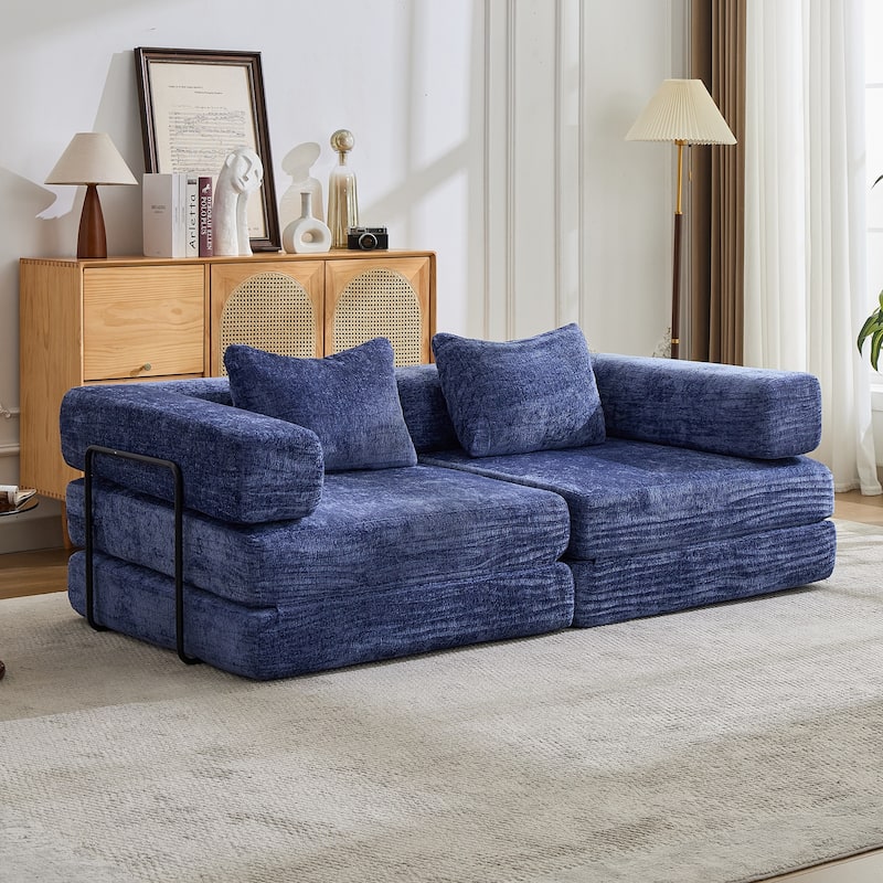 Convertible Floor Sofa Bed - Fixed Frame Chenille Loveseat, Modular Sectional, No Assembly Required - Blue