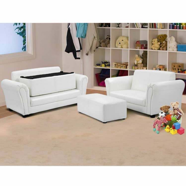 Kids Double Sofa with Ottoman-White - 32.5" x 16.5" x 16" (L x W x D)