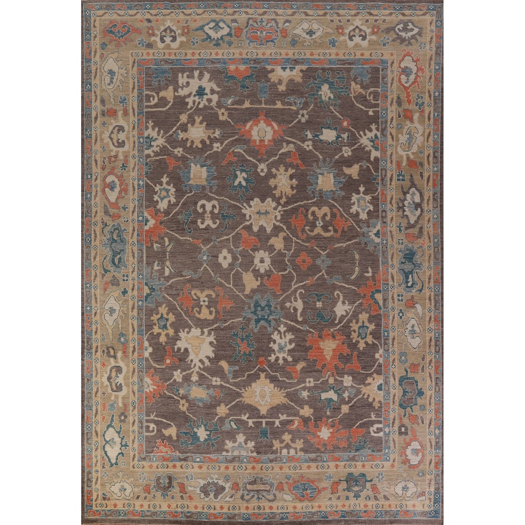 Hand Knotted Oriental 100% Wool Carpet Transitional All-Over Greys & Charcoal Oushak Area Rug - 12' 3'' X 9' 0''