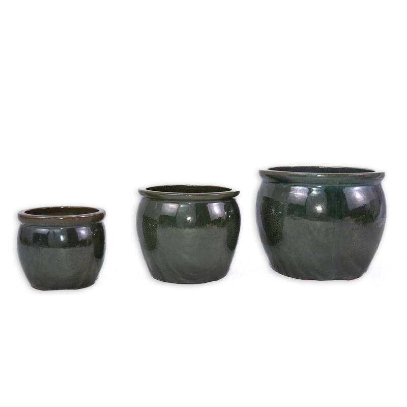 Antique Teal Ceramic Planter Set of 3 - 14.6" Square Modern Plant Pots with Drainage & Stripes