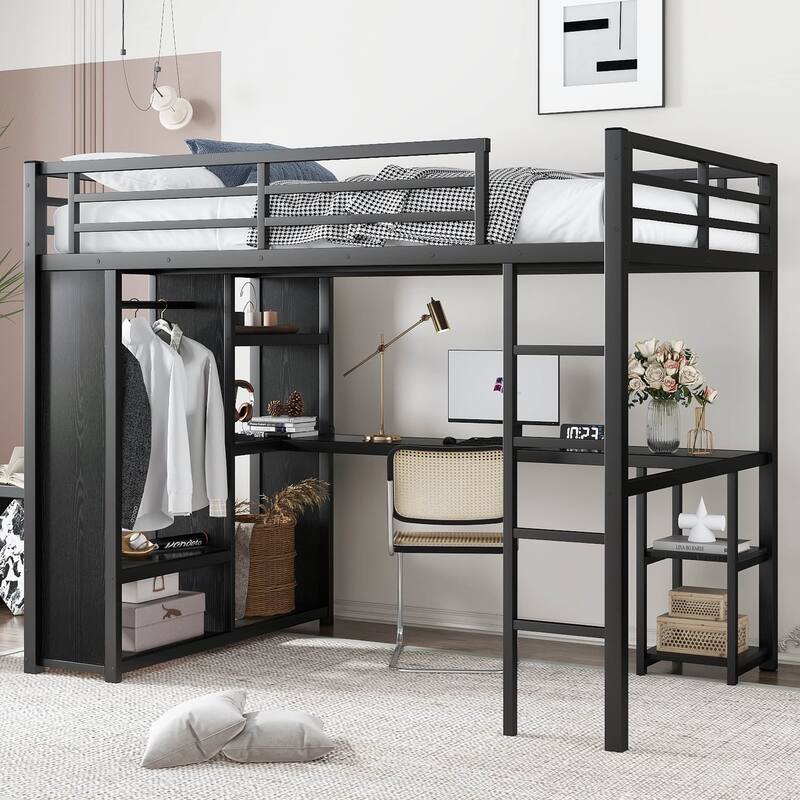 Black Metal Loft Bed Frame with Built-in Wardrobe, Desk and Shelves - Full
