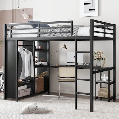 Black Metal Loft Bed Frame with Built-in Wardrobe, Desk and Shelves