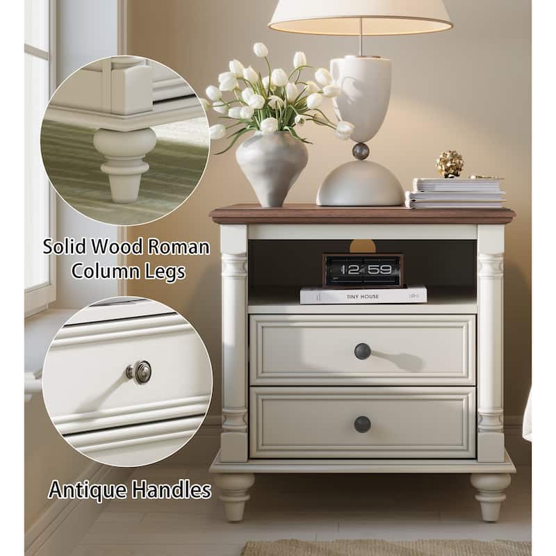 Farmhouse Nightstand Solid Wood Feet, Sofa Table with Charging Station