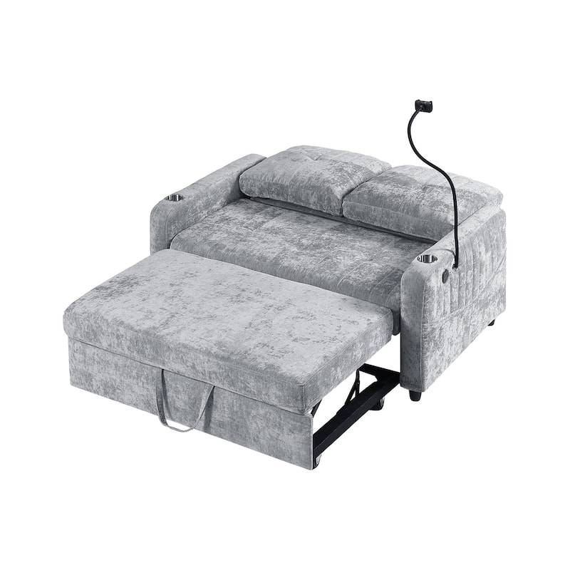 53.9" Chenille Convertible Loveseat with Pull-Out Bed, 3 USB Ports, and Smart Storage