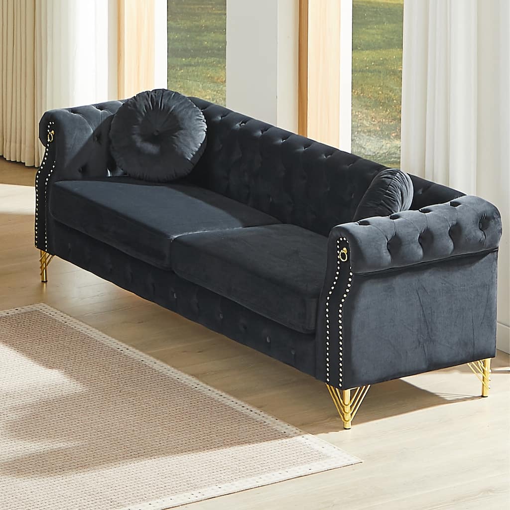 Chesterfield Sofa with Two Round Pillows, Featuring Copper Stud Detailing and Tufted Button Accents