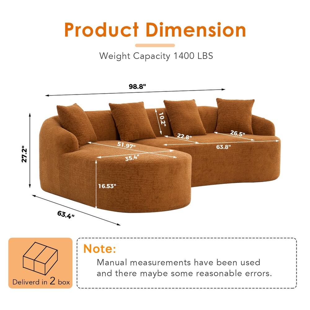 L-Shaped Sectional Sofa with Curved Chaise, Chenille Boneless Cloud Sofa, Modular 4-Seater Sofa with 4 Throw Pillows