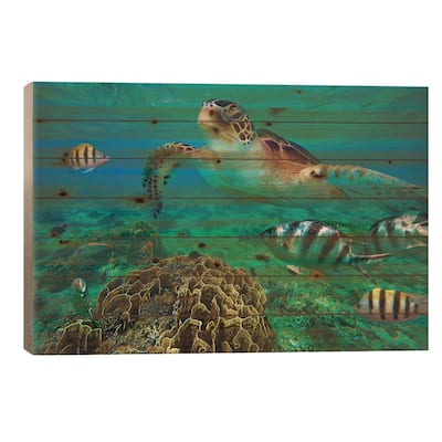 Green Sea Turtle And Sergeant Major Damselfish Group, Negros Oriental, Philippines Print On Wood by Tim Fitzharris - Multi-Color
