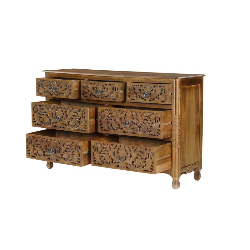 HomeRoots 57" Brown Carved Floral Solid Wood Seven Drawer Dresser