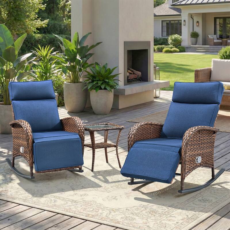 Pocassy Patio Versatile Outdoor Recliner Rocker Chair Table with Thick Cushion - Brown Wicker with Blue Cushion - 3-Piece Rocker Recliner Chair with Side Table