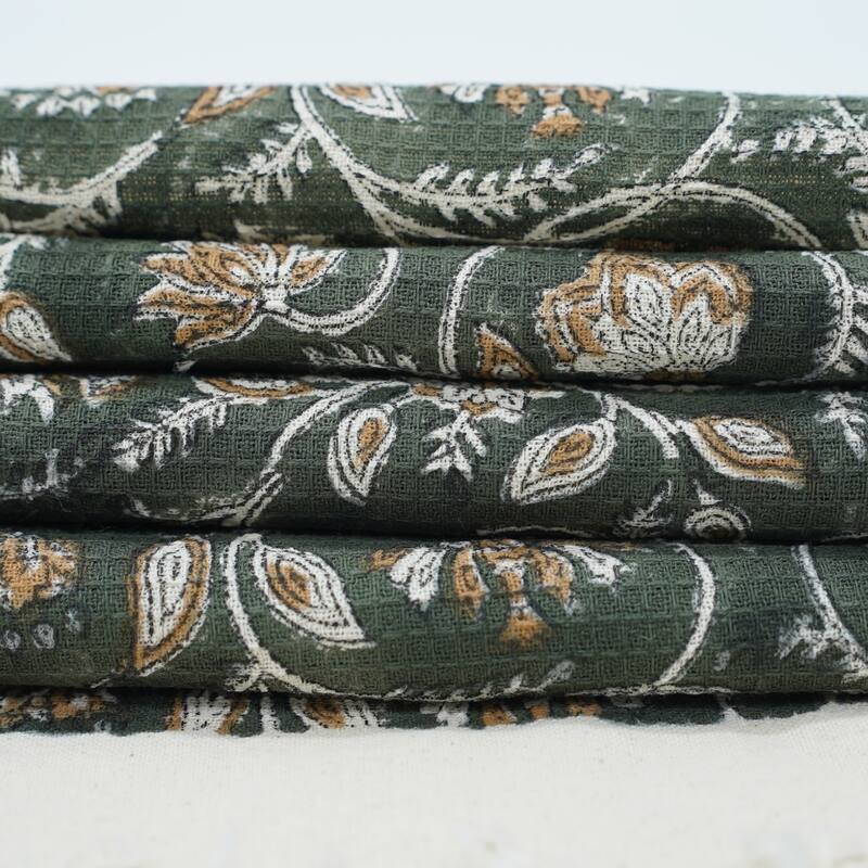 Fabdivine Honeycomb or Waffle Weave Hand Block Floral Print Hand Towel, Kitchen Gift Use