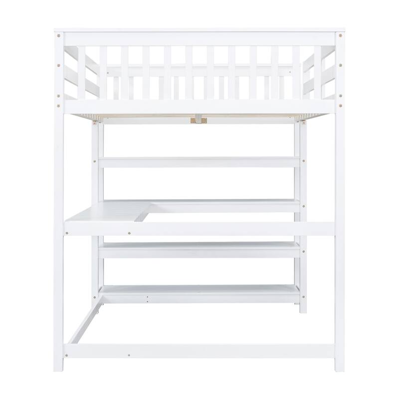 Twin/Full Loft Bed with Desk and Shelves, Wooden Loft Bed for Children's Bedrooms, Small Space, Space-Saving