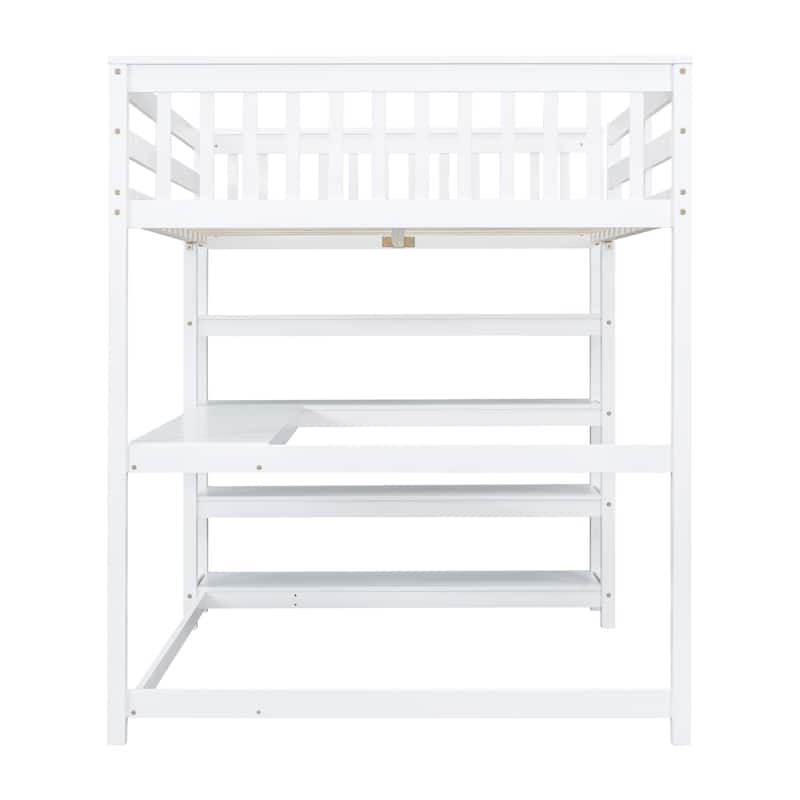 Wood Loft Bed w/Desk, Full Size Loft Bed w/Shelves and Under Bed Desk