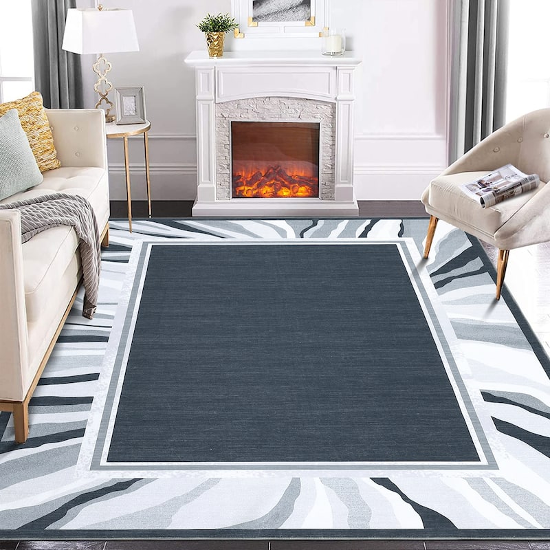 Modern Bordered Area Rugs for Living Room Bedroom Low Pile Non-Slip Rug Carpet - 9'x12' - Grey