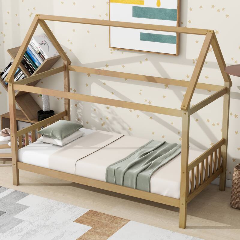 Twin Over Twin House Floor Bunk Bed Low Profile Bed Frame with Headboard and Footboard - White Oak