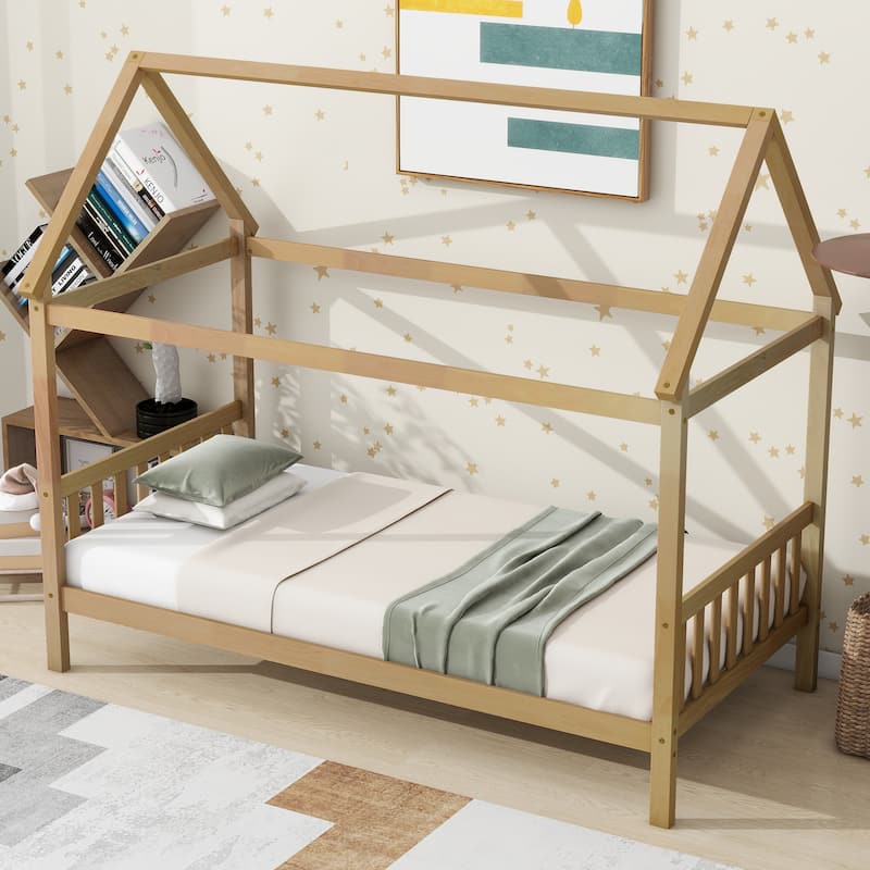 Twin Size House Bed with Headboard and Footboard, Underbed Storage - Rubberwood House-shaped Bed Frame for Children's Room - White Oak - Twin