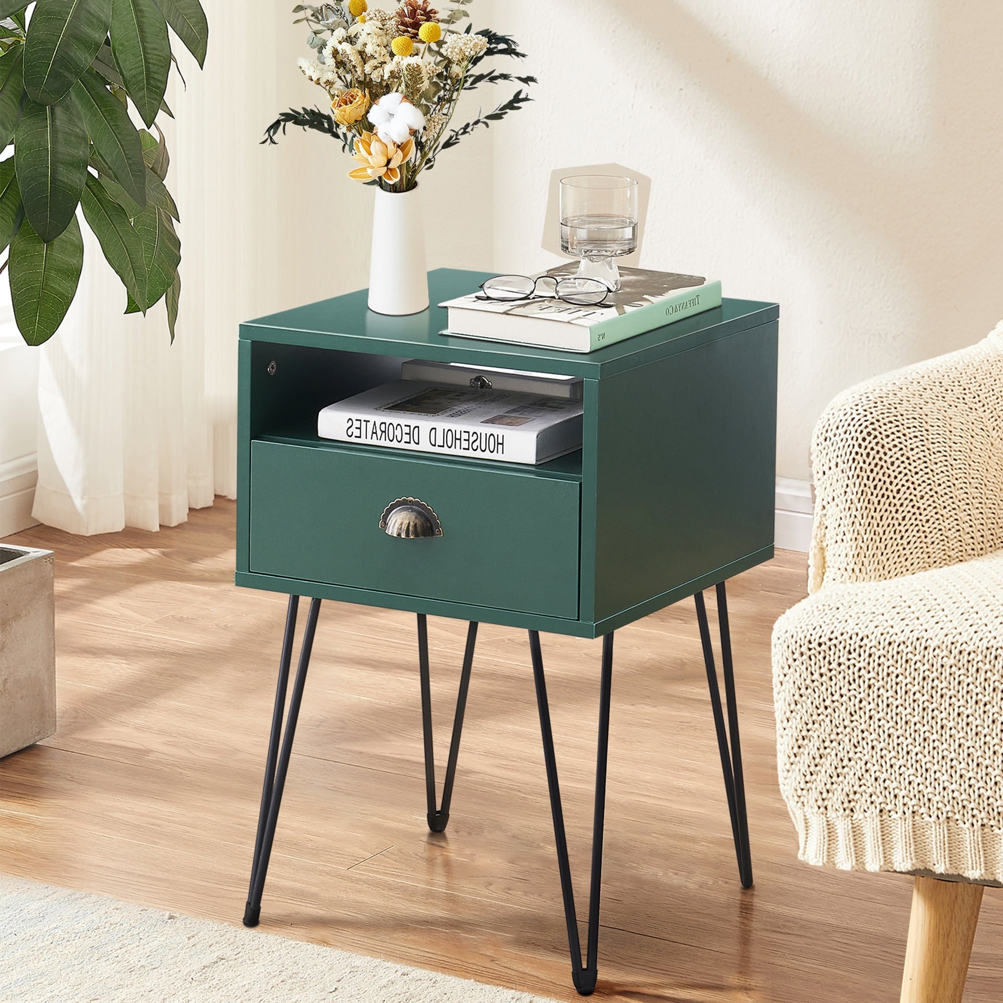 VECELO Mid Century Modern Nightstand with Drawer Open Shelf V-Shaped Metal Legs End Table for Bedroom Living Room