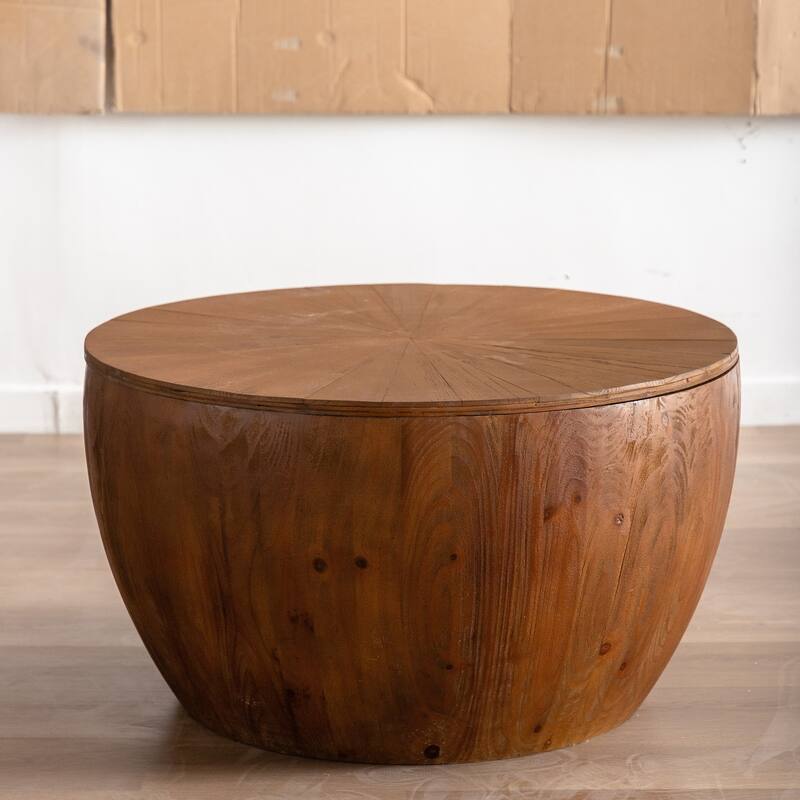 Vintage 31.50" Bucket Shaped Coffee Table with Hidden Storage, Solid Wood Center Table for Office, Living Room