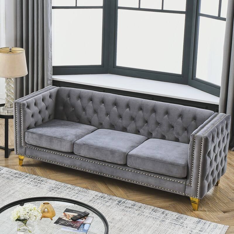 Luxury Velvet Upholstered Tufted Sofa with Arms,Living Room Couches with Metal Legs