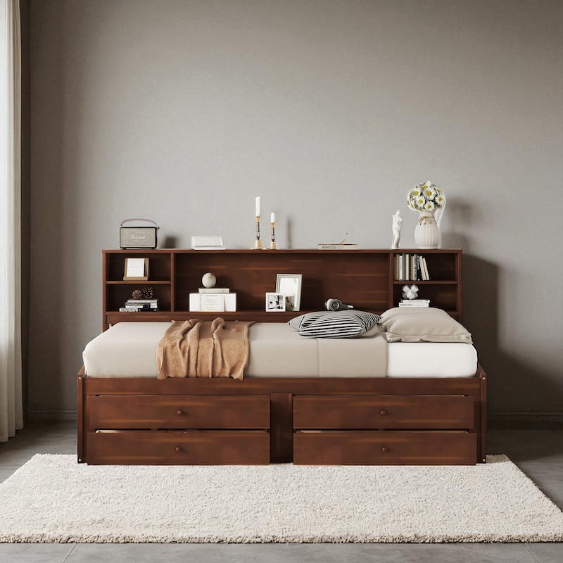Full Size Wooden Captain Bed with Storage Shelves, 4 Drawers & 2 Cabinets, Antique Brown Finish - Brown - Full