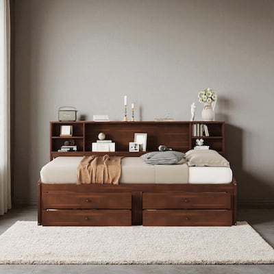 Full Size Wooden Captain Bed with Storage Shelves, 4 Drawers & 2 Cabinets, Antique Brown Finish