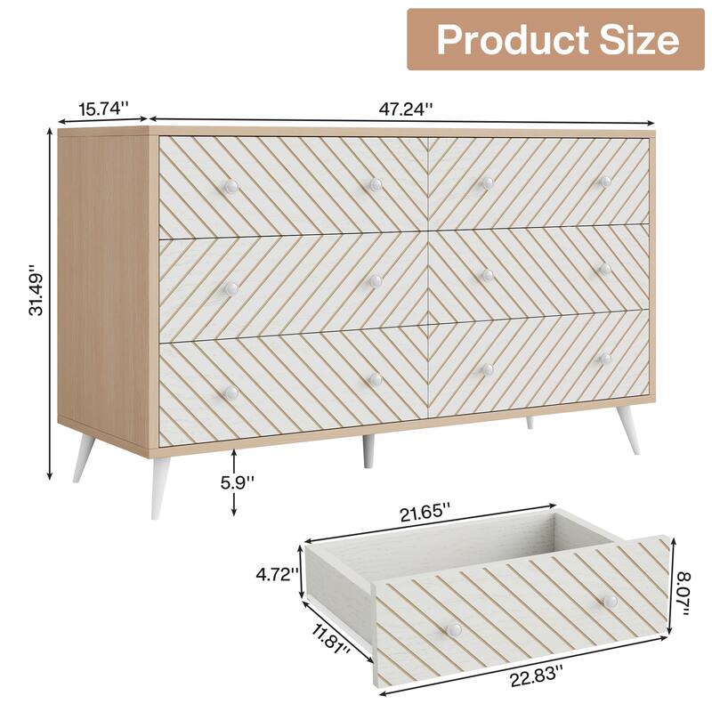 6-Drawer Double Dresser for Bedroom, 47-inch Chest of Drawers with Metal Legs for Living Room