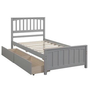 Gray Twin Size Platform Storage Bed Frame, Pinewood Bedframe with 2 Drawers for Kids Teens and Adults, No Box Spring Needed