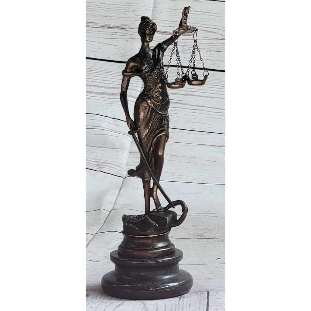 Real Bronze Statue Marble Lady Blind Justice Scales Law Sculpture Marble Figure