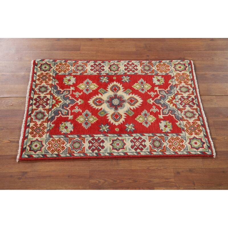 Red Kazak Oriental Foyer Rug Hand-Knotted Geometric Wool Carpet - 2'0" x 3'1"