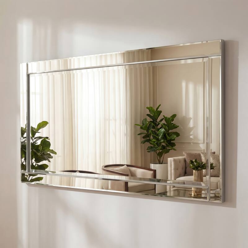 Beveled Rectangle 1"-Beveled Center Wall Mirror with Solid Wood Frame - Clear