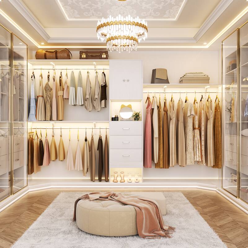 Rackcog 20.3'' - 120'' Large Closet Organizer with Doors, Closet System with Drawers and Hanging Rods (can be cut to fit)