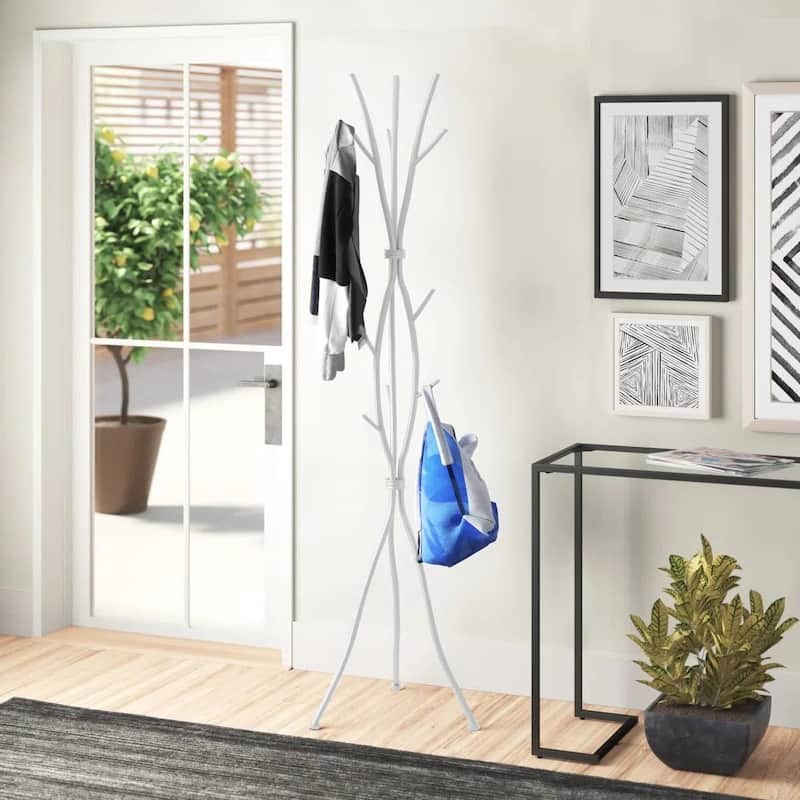 74-Inch Tall Freestanding Coat Rack with Metal Frame 11 Hooks Entryway Umbrella Stand - 74'' H X 18.5'' W X 18.5'' D