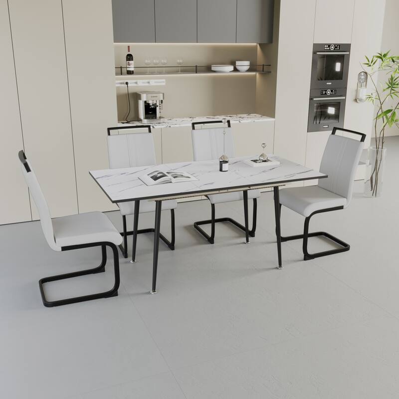 5-Piece Expandable Dining Table Set with C-shaped Tubular Cushioned Armless Chair, Scratch Resistant Plastic Feet