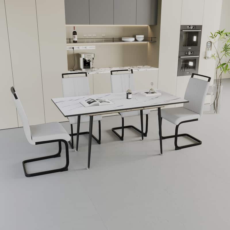 Modern Dining Set with Rectangular Extendable Table & High Back C-shaped Tube Chairs