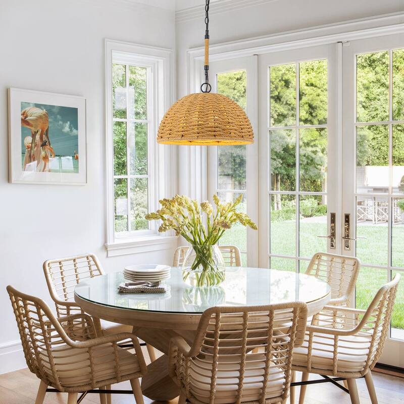 3-Light Farmhouse Hemp Rope Pendant Light for Kitchen Island Dining Room - Black - 17.9" W × 8.9" H