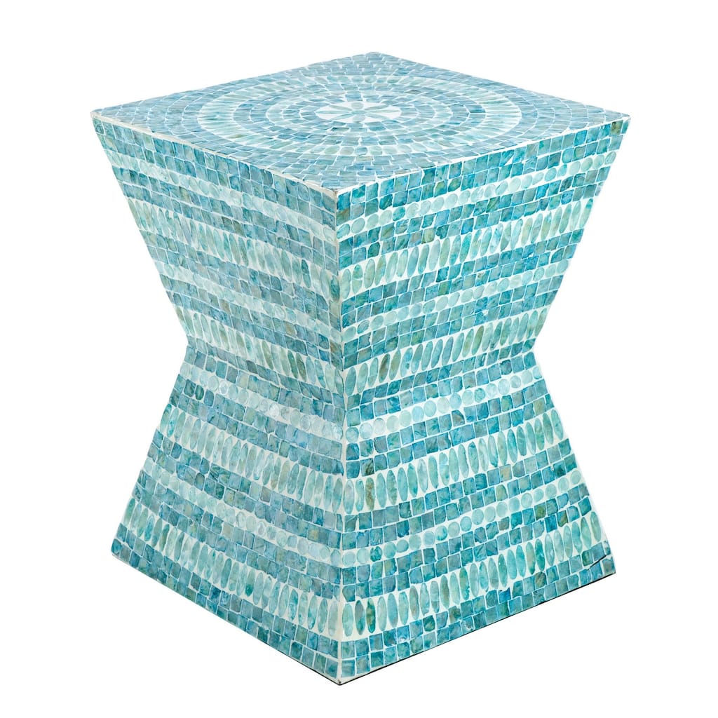 14 Inch Capiz Accent Table Stool, Blue Mosaic Geometric Hourglass Shape