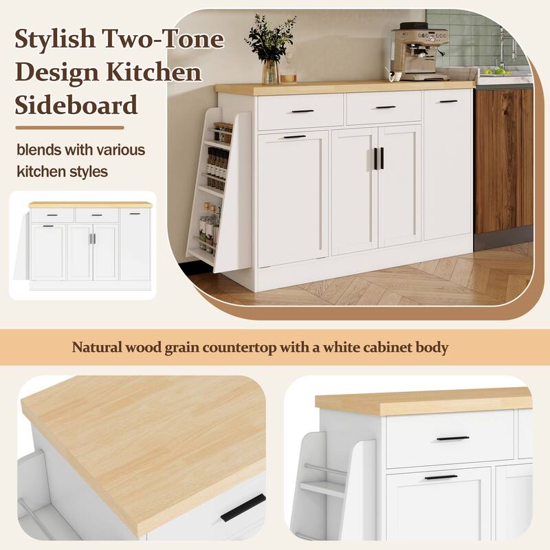 Anmytek White Kitchen Island Sideboard with Trash Can Storage Sliding Door Cabinet and 3-Tier Spice Rack