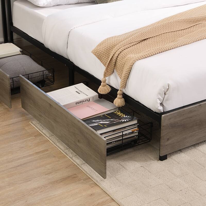 Full Size Bed Frame with Storage Headboard, Charging Station, LED Lights, Noise-Free Design, 4 Storage Drawers