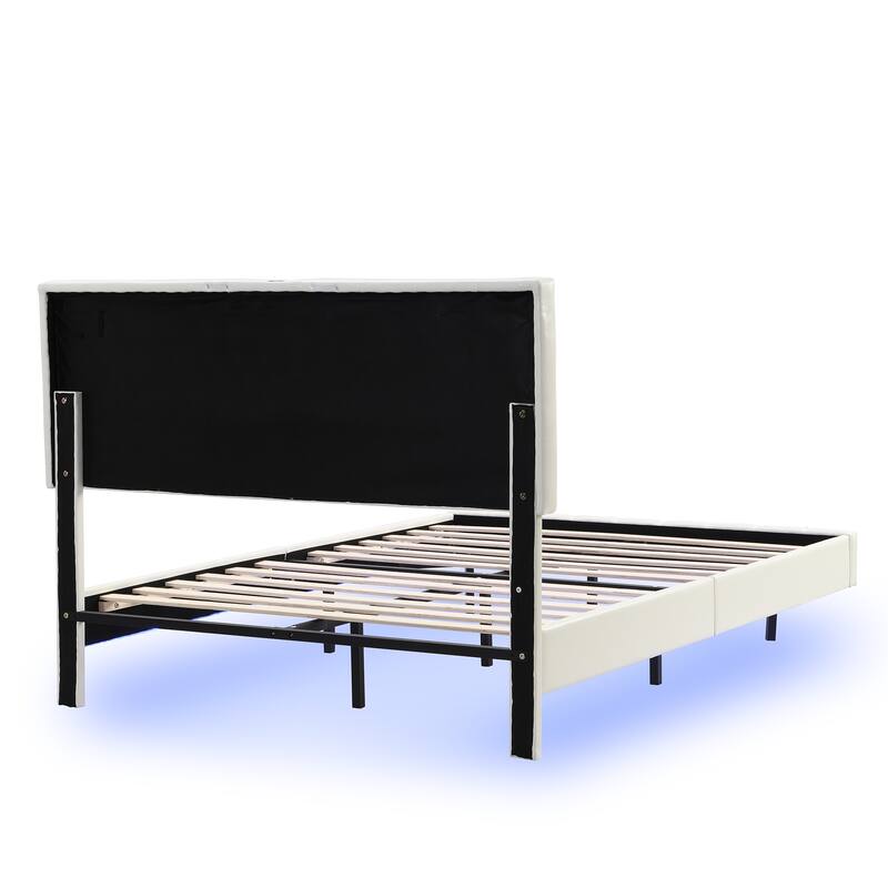 PU Upholstered Platform LED Bed Frame w/ USB Power Strips Floating Bed
