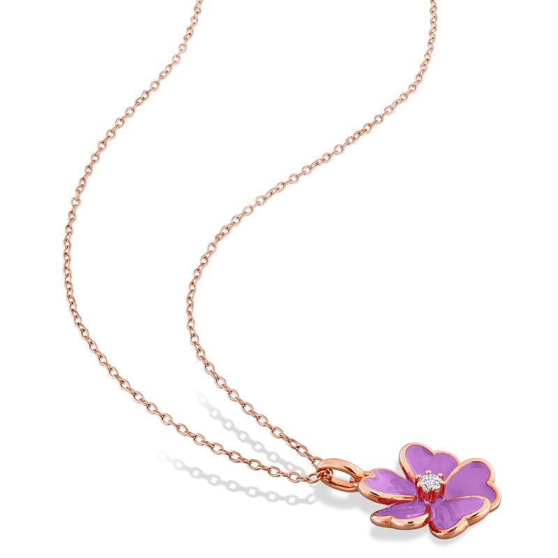 Miadora 1/4ct TGW White Topaz Purple Enamel Flower Necklace Earrings in Rose Plated Sterling Silver